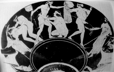 Figure 2. Red figure drinking cup, 490 BC, showing a group of men demanding sexual services from women (probably prostitutes) (Keuls 1993, 185, 445). Overlapping feet are circled in red.
